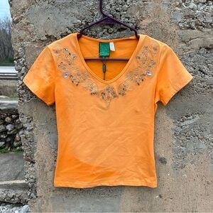 Vintage Y2K baby tee embroidered beaded v neck t shirt size S